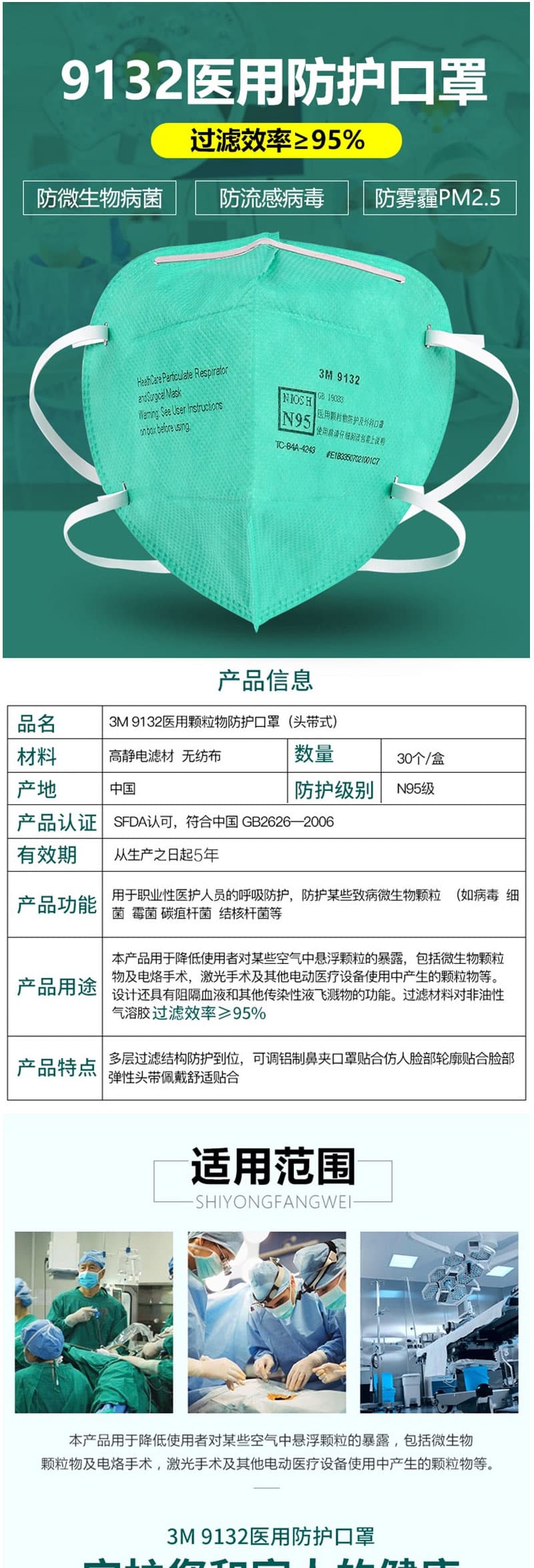 3M 9132 頭戴式醫(yī)用防護口罩