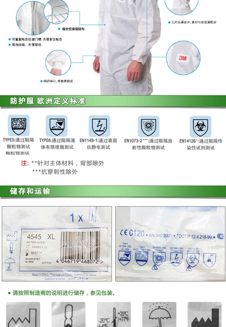 3M 4545 白色帶帽連體防護(hù)服