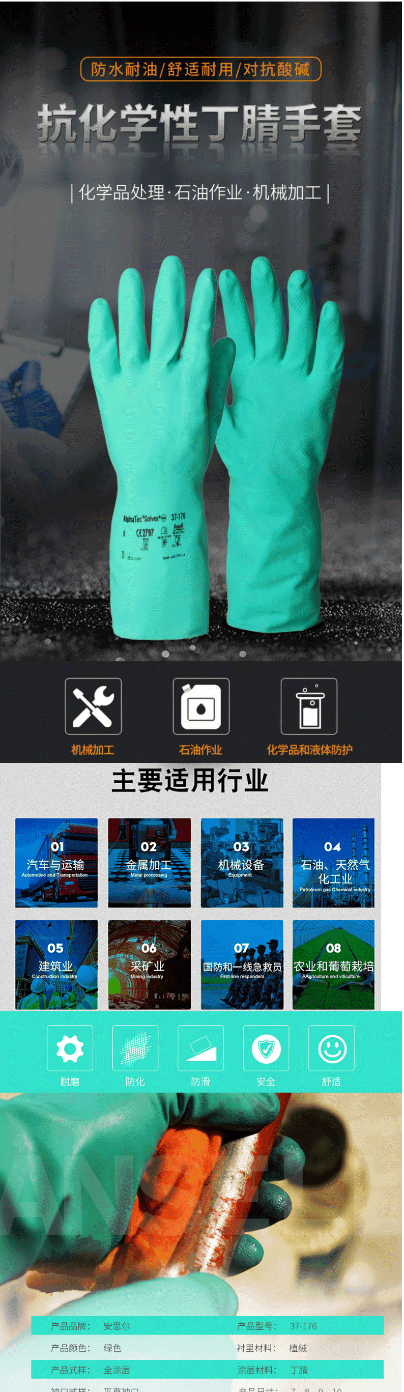 安思爾(Ansell)37-176 丁腈橡膠全涂層防化手套